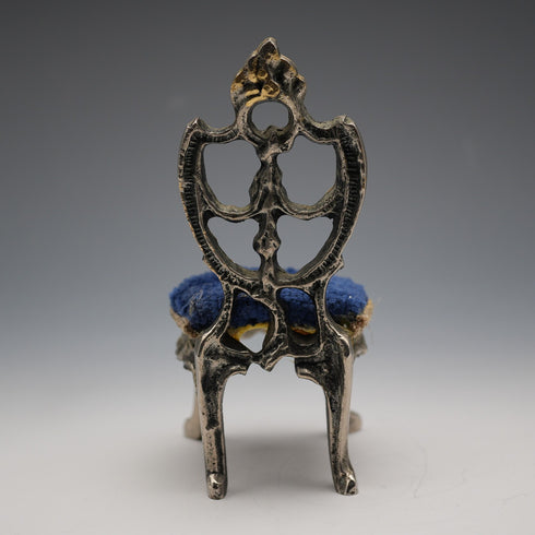 1920s Antique Brass Chair-Shaped Pocket Watch Holder with Navy Velour Seat