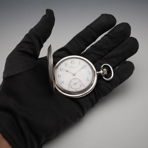 Circa 1925 Antique Longines Pocket Watch, 900 Silver Hunter Case, Cal. 18.50, Good Working Condition