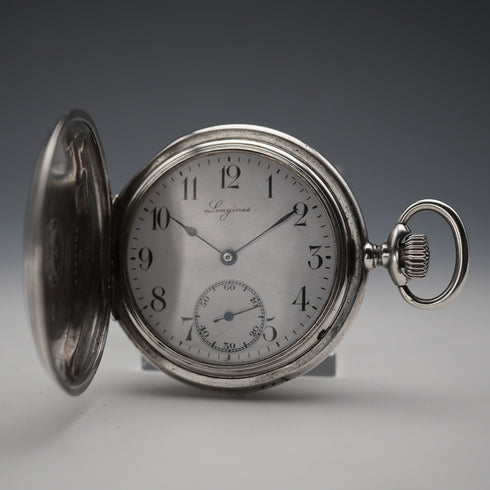 Circa 1925 Antique Longines Pocket Watch, 900 Silver Hunter Case, Cal. 18.50, Good Working Condition