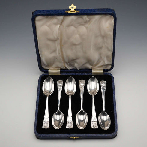 1934 British Vintage Sterling Silver Jubilee Teaspoon Set of 6, Total 55g, by Northern Goldsmiths Co, Cased