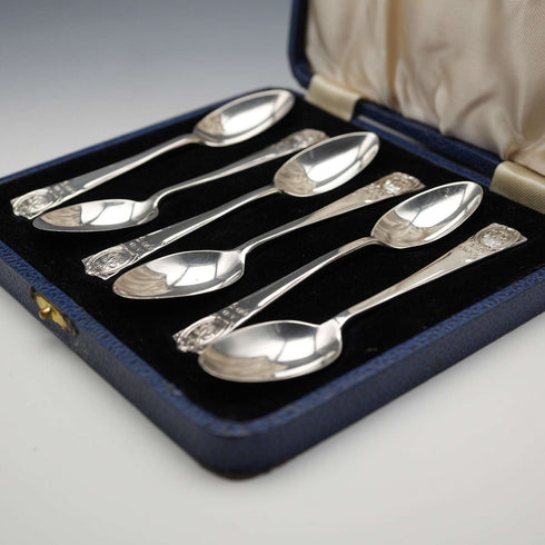 1934 British Vintage Sterling Silver Jubilee Teaspoon Set of 6, Total 55g, by Northern Goldsmiths Co, Cased