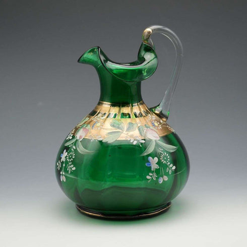 British Vintage Enamel-Decorated Green Glass Vase with Handle ②