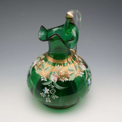 British Vintage Enamel-Decorated Green Glass Vase with Handle ②