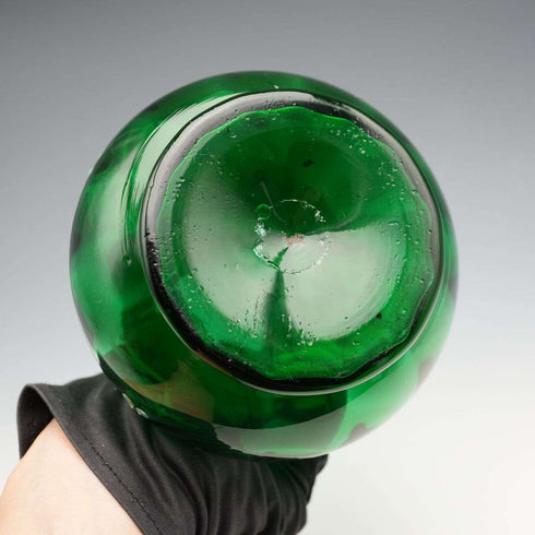 British Vintage Enamel-Decorated Green Glass Vase with Handle ②