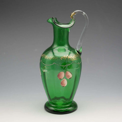 British Vintage Enamel-Decorated Green Glass Vase with Handle ①