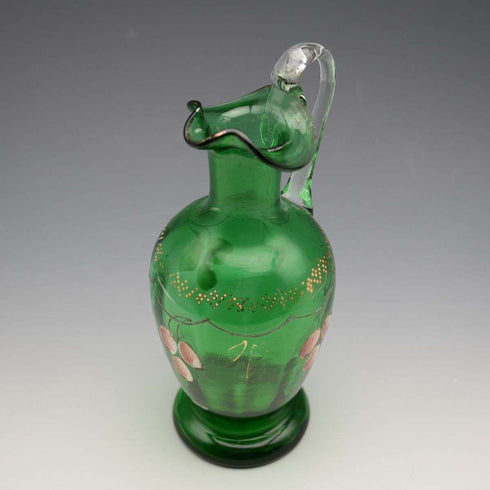 British Vintage Enamel-Decorated Green Glass Vase with Handle ①