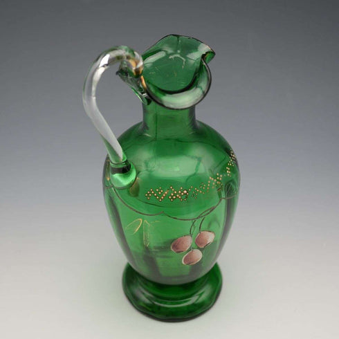 British Vintage Enamel-Decorated Green Glass Vase with Handle ①