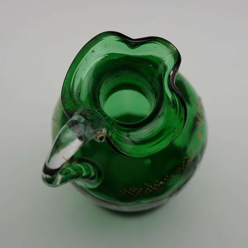 British Vintage Enamel-Decorated Green Glass Vase with Handle ①