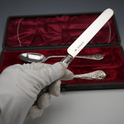 1865 Antique English Sterling Silver Christening Cutlery Set, Total 102g, by George Adams, Cased
