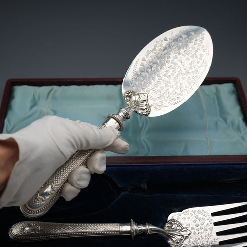 1876 English Antique Silver-Plate Fish Serving Cutlery by Atkin Brothers, Cased