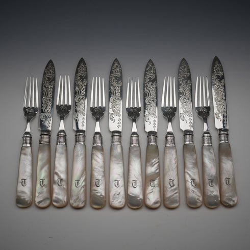 Circa 1899 British Antique Mother-of-Pearl Handle Dessert Cutlery Set for 6, Sterling Silver Accents, Some Damage
