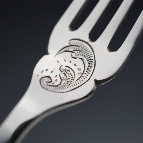 Circa 1899 British Antique Mother-of-Pearl Handle Dessert Cutlery Set for 6, Sterling Silver Accents, Some Damage