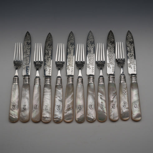Circa 1899 British Antique Mother of Pearl Handle Dessert Cutlery Set for 6, Silver Decoration
