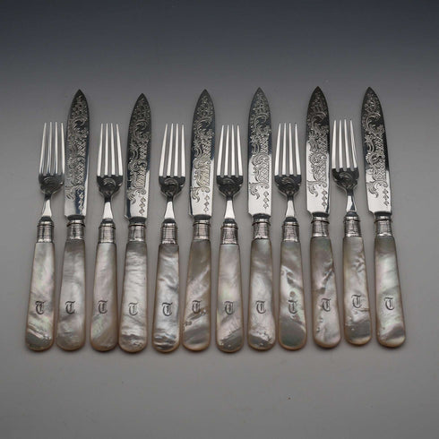 Circa 1899 British Antique Mother of Pearl Handle Dessert Cutlery Set for 6, Silver Decoration