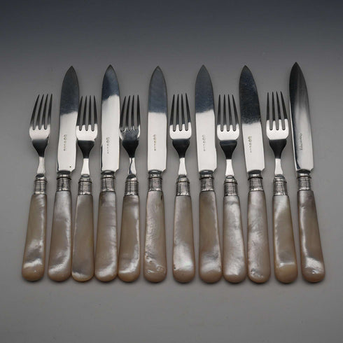 Circa 1899 British Antique Mother of Pearl Handle Dessert Cutlery Set for 6, Silver Decoration