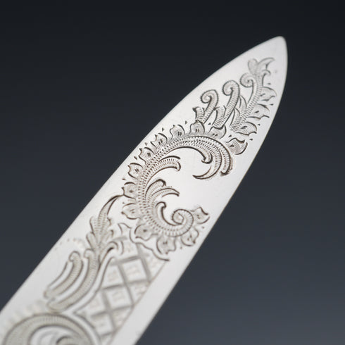 Circa 1899 British Antique Mother of Pearl Handle Dessert Cutlery Set for 6, Silver Decoration