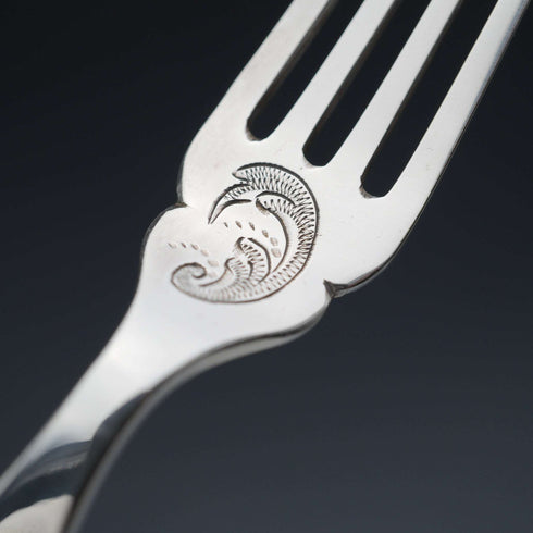 Circa 1899 British Antique Mother of Pearl Handle Dessert Cutlery Set for 6, Silver Decoration
