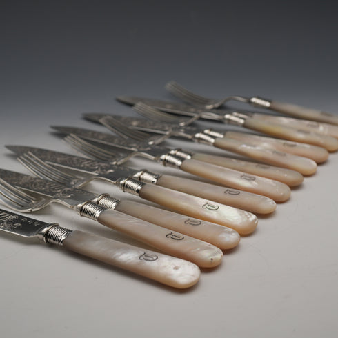 Circa 1899 British Antique Mother of Pearl Handle Dessert Cutlery Set for 6, Silver Decoration