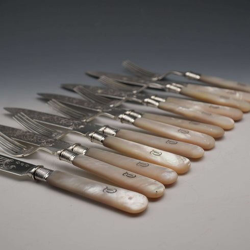 Circa 1899 British Antique Mother of Pearl Handle Dessert Cutlery Set for 6, Silver Decoration