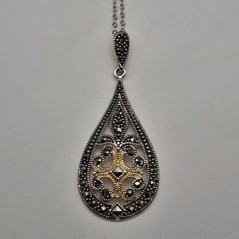 Vintage Sterling Silver & Marcasite Teardrop Pendant with Sterling Silver Necklace, Total 6.1g