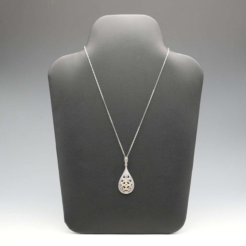 Vintage Sterling Silver & Marcasite Teardrop Pendant with Sterling Silver Necklace, Total 6.1g