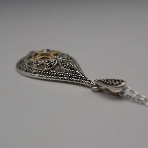 Vintage Sterling Silver & Marcasite Teardrop Pendant with Sterling Silver Necklace, Total 6.1g