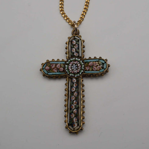 Antique Nickel & Micro Mosaic Cross Pendant with Necklace