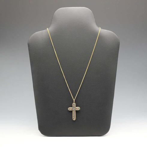 Antique Nickel & Micro Mosaic Cross Pendant with Necklace