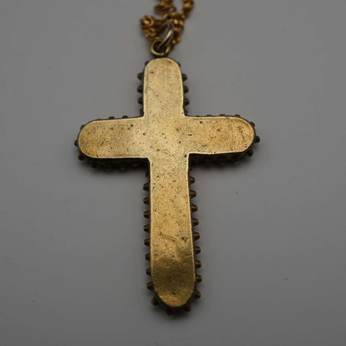 Antique Nickel & Micro Mosaic Cross Pendant with Necklace