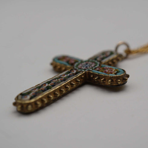 Antique Nickel & Micro Mosaic Cross Pendant with Necklace