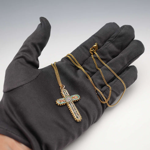Antique Nickel & Micro Mosaic Cross Pendant with Necklace