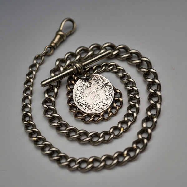 UK Antique Silver Plated Albert Chain with 1838 Sixpence Silver Fob