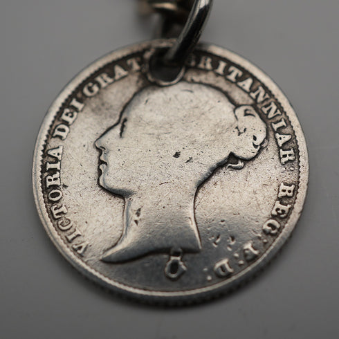 英国アンティーク シルバープレート製 アルバートチェーン 1838年6ペンス銀貨フォブ