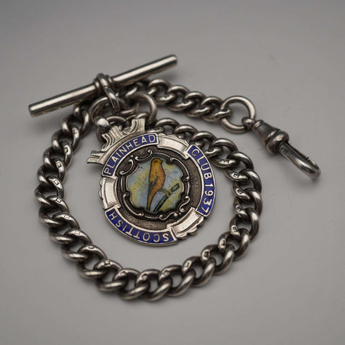 English Antique Sterling Silver Albert Chain with Sterling Silver Medal Fob, 22cm Total Length, 39g