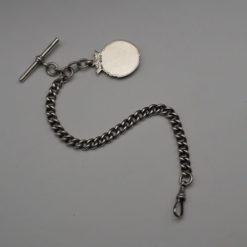 English Antique Sterling Silver Albert Chain with Sterling Silver Medal Fob, 22cm Total Length, 39g