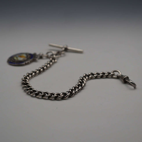 English Antique Sterling Silver Albert Chain with Sterling Silver Medal Fob, 22cm Total Length, 39g