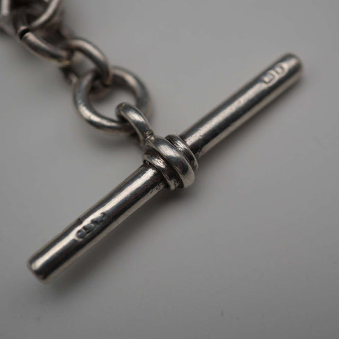 English Antique Sterling Silver Albert Chain with Sterling Silver Medal Fob, 22cm Total Length, 39g