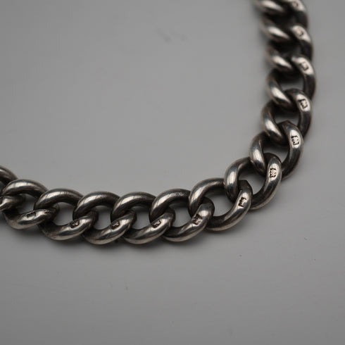 English Antique Sterling Silver Albert Chain with Sterling Silver Medal Fob, 22cm Total Length, 39g