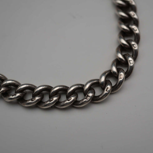English Antique Sterling Silver Albert Chain with Sterling Silver Medal Fob, 22cm Total Length, 39g