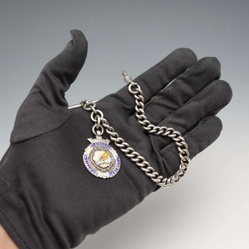 English Antique Sterling Silver Albert Chain with Sterling Silver Medal Fob, 22cm Total Length, 39g