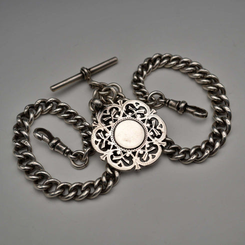 1915 British Antique Sterling Silver Double Albert Chain with Sterling Silver Medal Fob, 61g