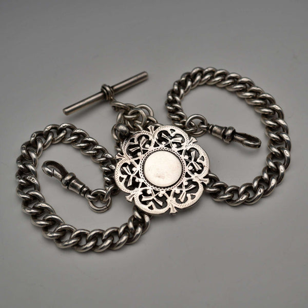 1915 British Antique Sterling Silver Double Albert Chain with Sterling Silver Medal Fob, 61g