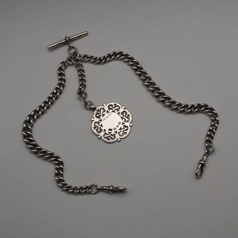 1915 British Antique Sterling Silver Double Albert Chain with Sterling Silver Medal Fob, 61g