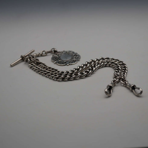 1915 British Antique Sterling Silver Double Albert Chain with Sterling Silver Medal Fob, 61g