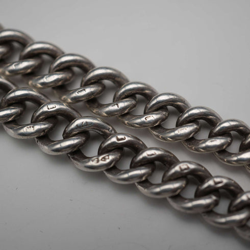 1915 British Antique Sterling Silver Double Albert Chain with Sterling Silver Medal Fob, 61g