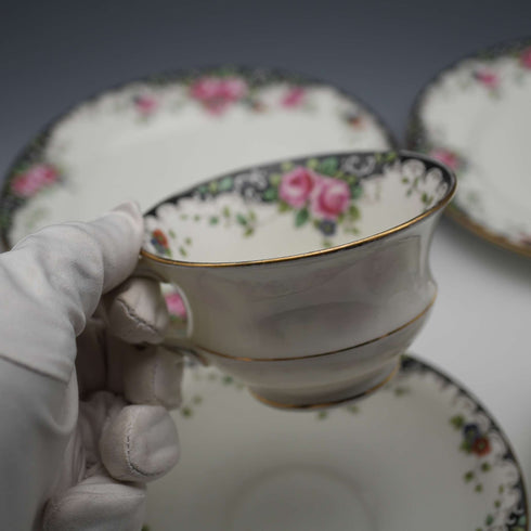 英國復古 Aynsley 「黑色條紋與玫瑰」茶杯三件組 對杯
