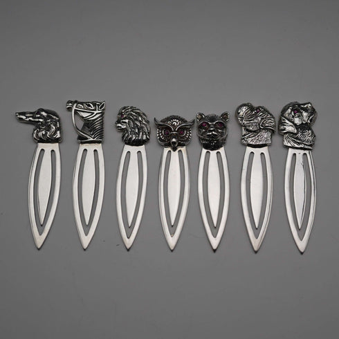 Vintage Ruby-Eyed Animal Head Sterling Silver Bookmark Set of 7, total 27g