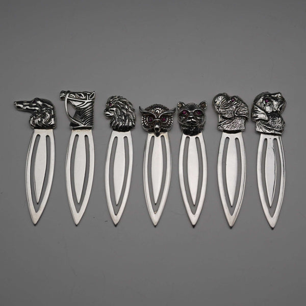 Vintage Ruby-Eyed Animal Head Sterling Silver Bookmark Set of 7, total 27g