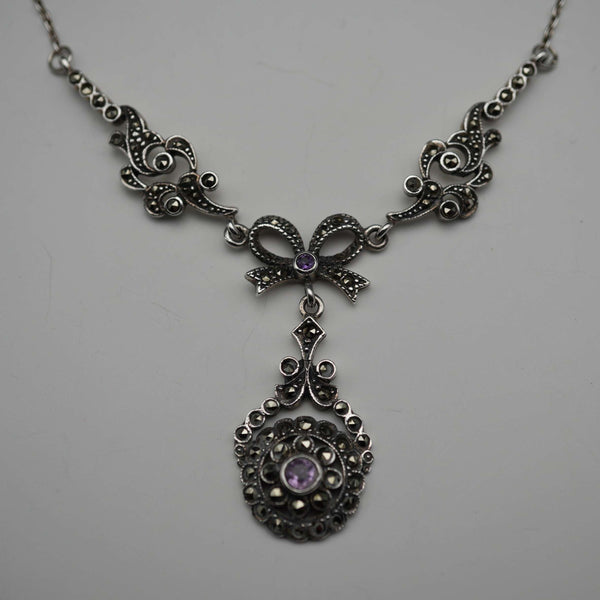 Vintage Sterling Silver Marcasite & Amethyst Necklace 42cm