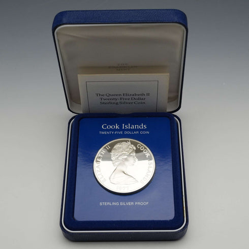 1977年 伊莉莎白二世女王 銀禧年 庫克群島25元紀念銀幣 49克 FranklinMint 附外盒、說明書